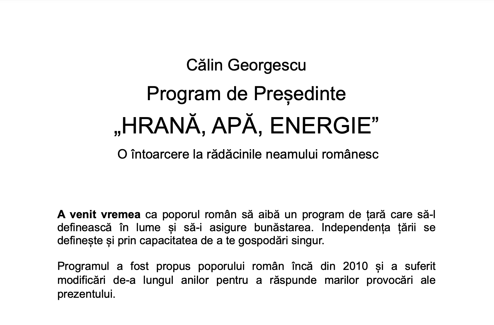 Captură din programul „Hrană, Apă, Energie” propus de Călin Georgescu 